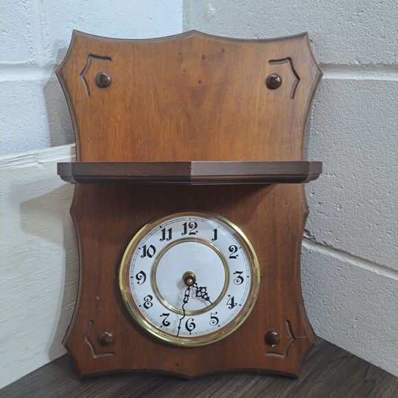 Vintage Quartz Wall Clock, Brown & Gold Wooden Wall Clock With Shelf 15"X11" - Picture 1 of 6